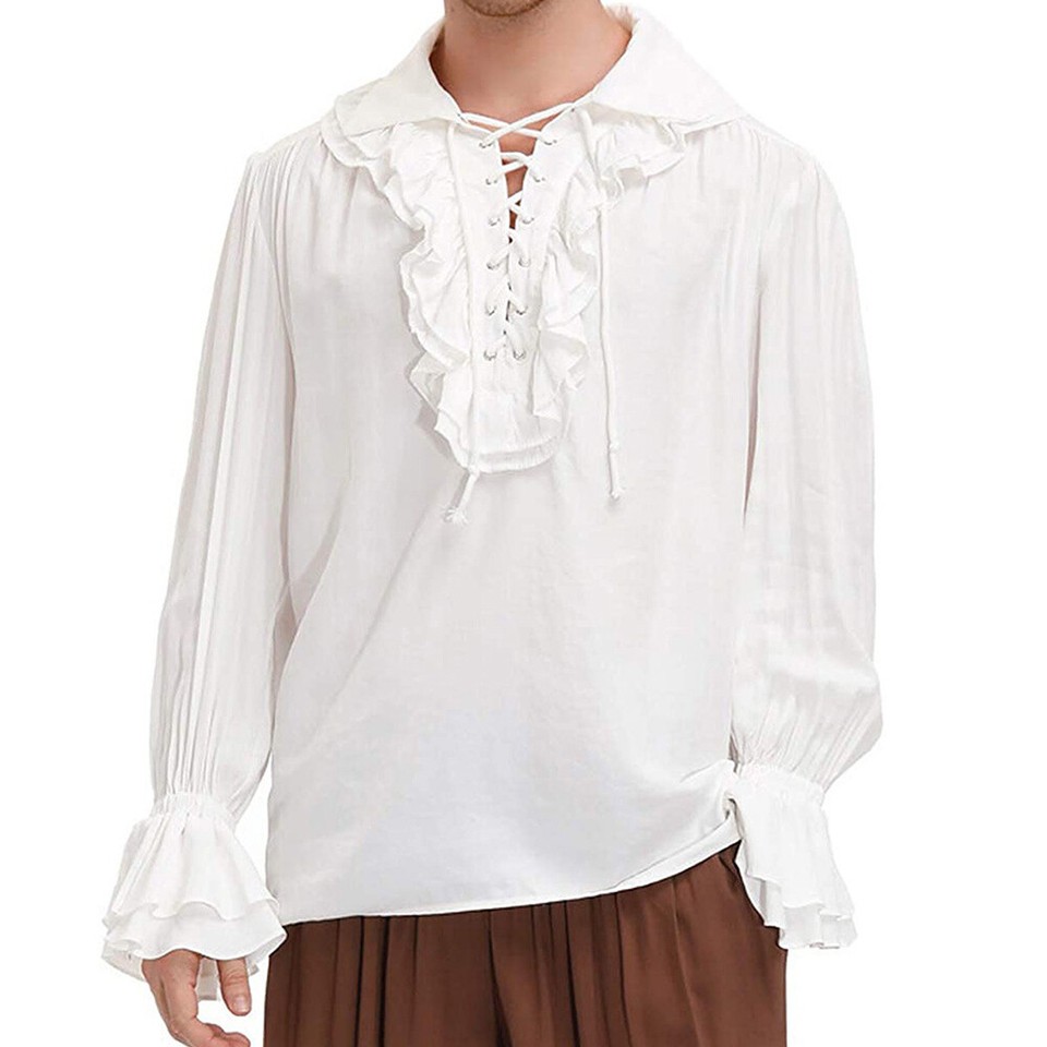 Mens Medieval Pirate Shirt Long Bell Sleeve Ruffle Collar Lace Up ...