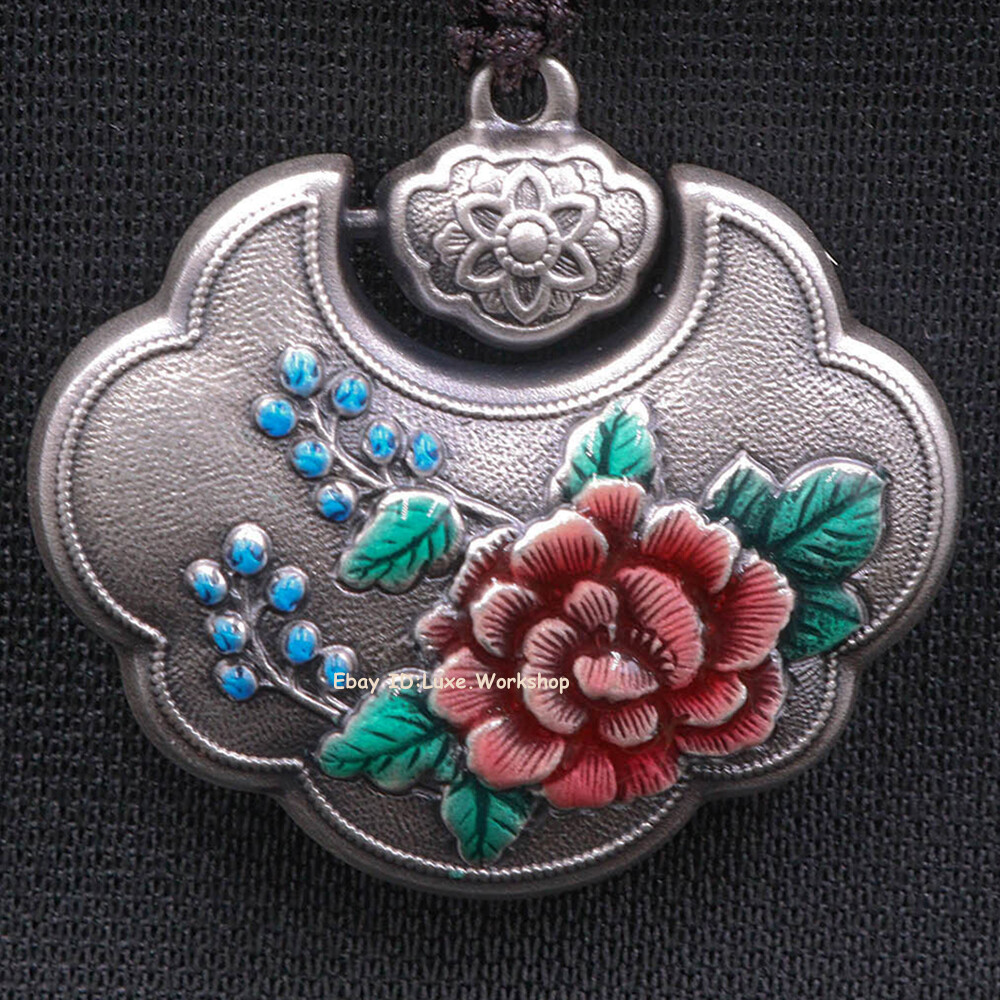1.2 Inch 999 Pure Silver Peony Longevity Lock Pendant with Enamel Paint