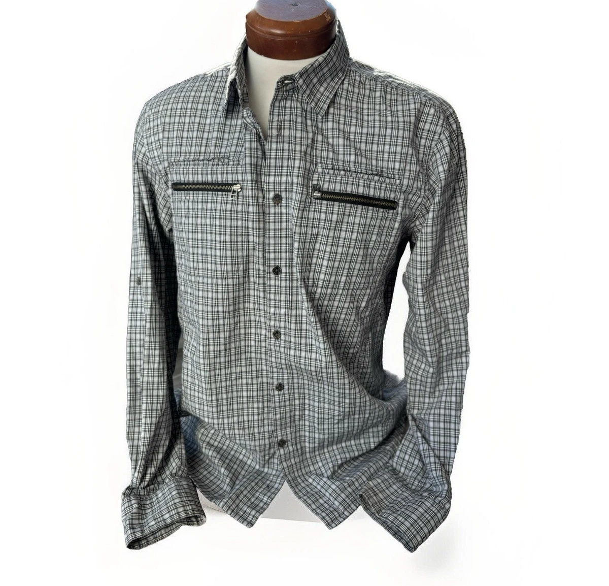 Camisa Guess Para Hombres Negra A Cuadros Manga Larga Abotonada Talla L Cremalleras