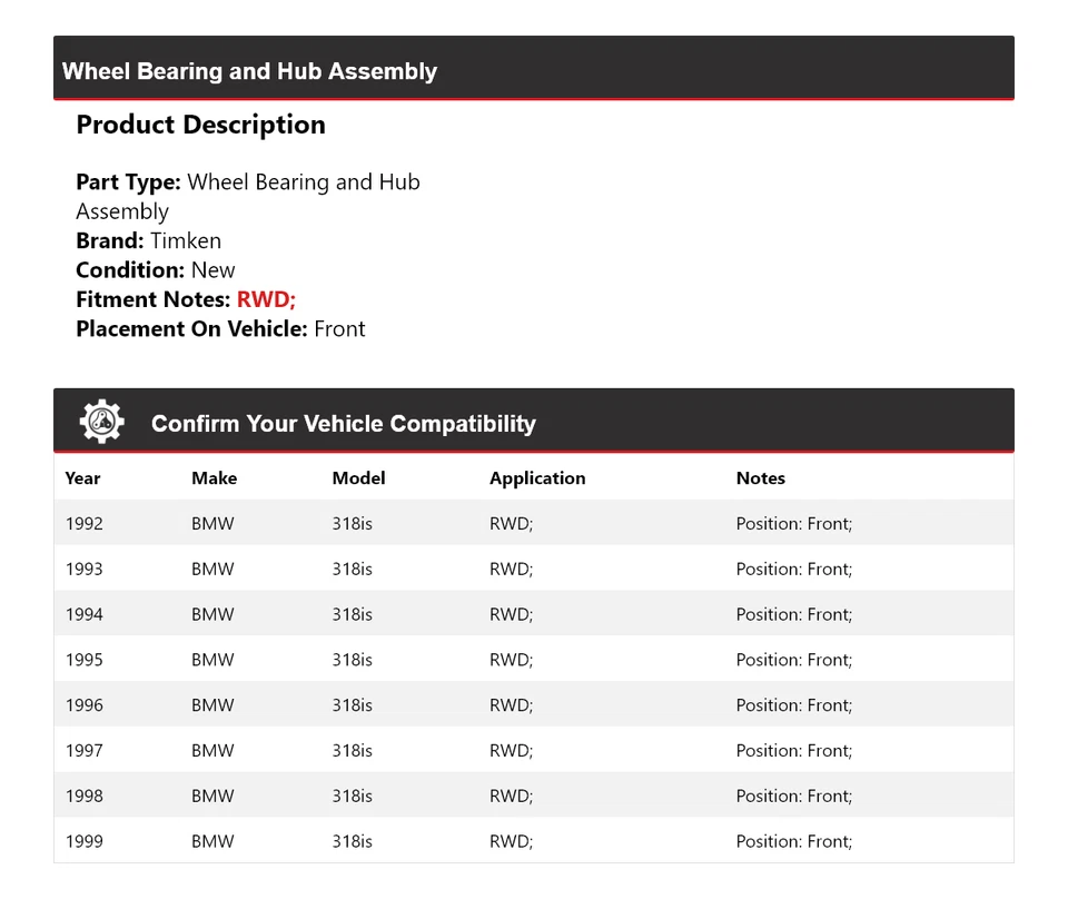 Conjunto de cojinete de rueda y buje delantero Timken 1993 para BMW 318is 1992-1999 tracción trasera Foto 2 de 4