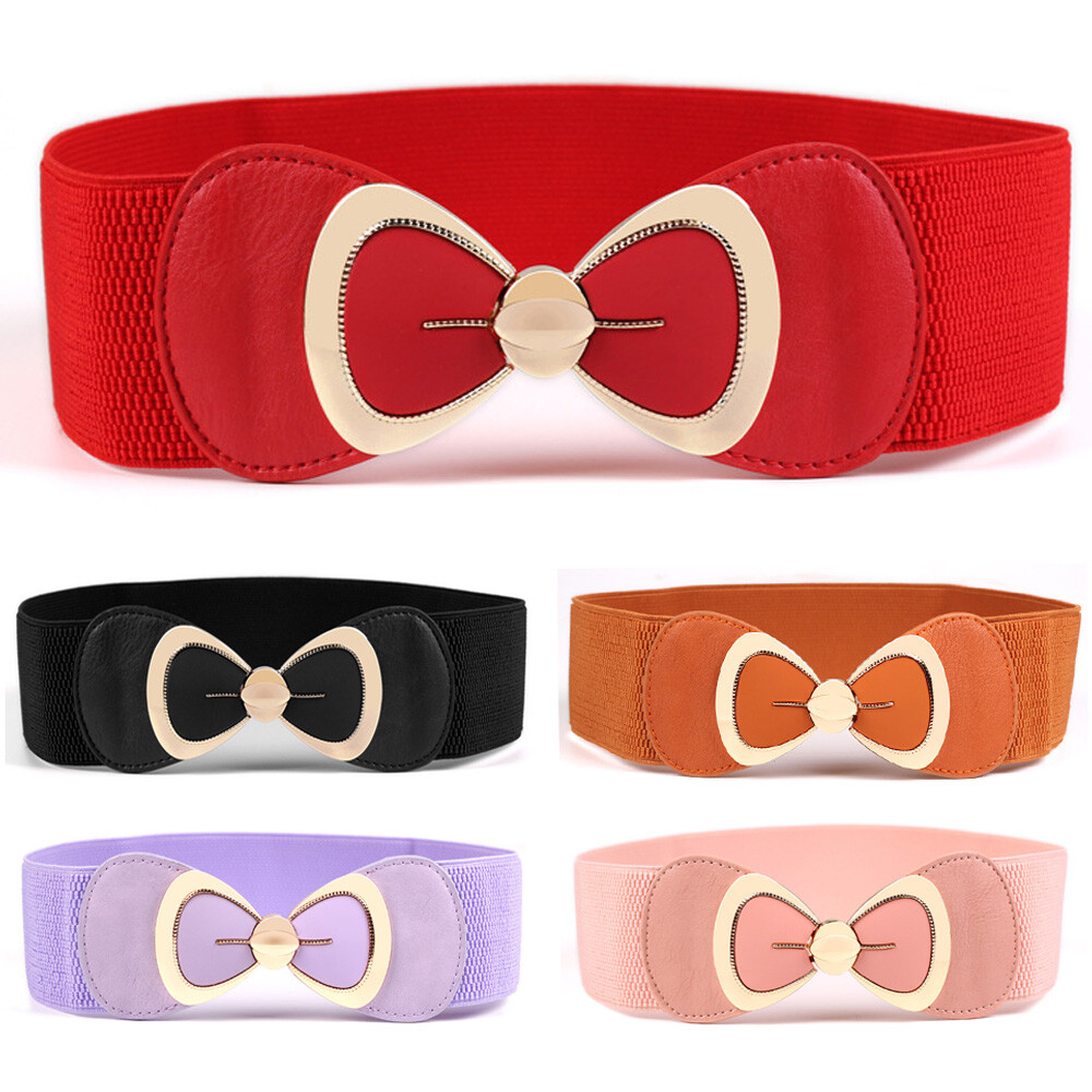 Women Lady Metal Bow Buckle Elastic Stretchy Belt Faux Leather