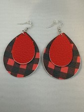 Buffalo Plaid Red Black Tear Drop Shaped Dangle Earrings Handmade