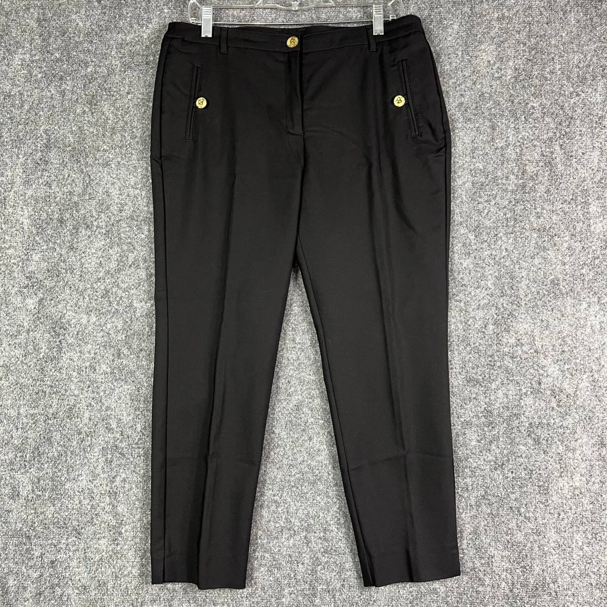 Anne Klein Stretch Straight Crop Leg Black Dress Pants Gold Button Sz 10 NWOT