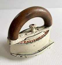 Antique A. C. Williams Co Sad Iron Painted White w/Matching Trivet, Wood Handle