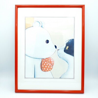 Kunstdruck Bear Goes To Town Anthony Browne weißer Bär & Katze gerahmt 80er Jahre STIEFEL