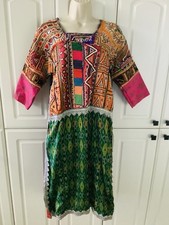 Vintage Afghan Traditional Tunic Dress Embroidered Mirror, Boho Hippie Fashion