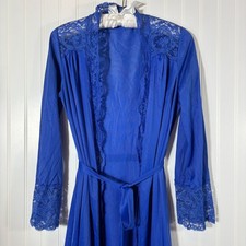Vintage OLGA Blue Bodysilk Nylon Peignoir Robe Size S Tie Lingerie Lace 9702
