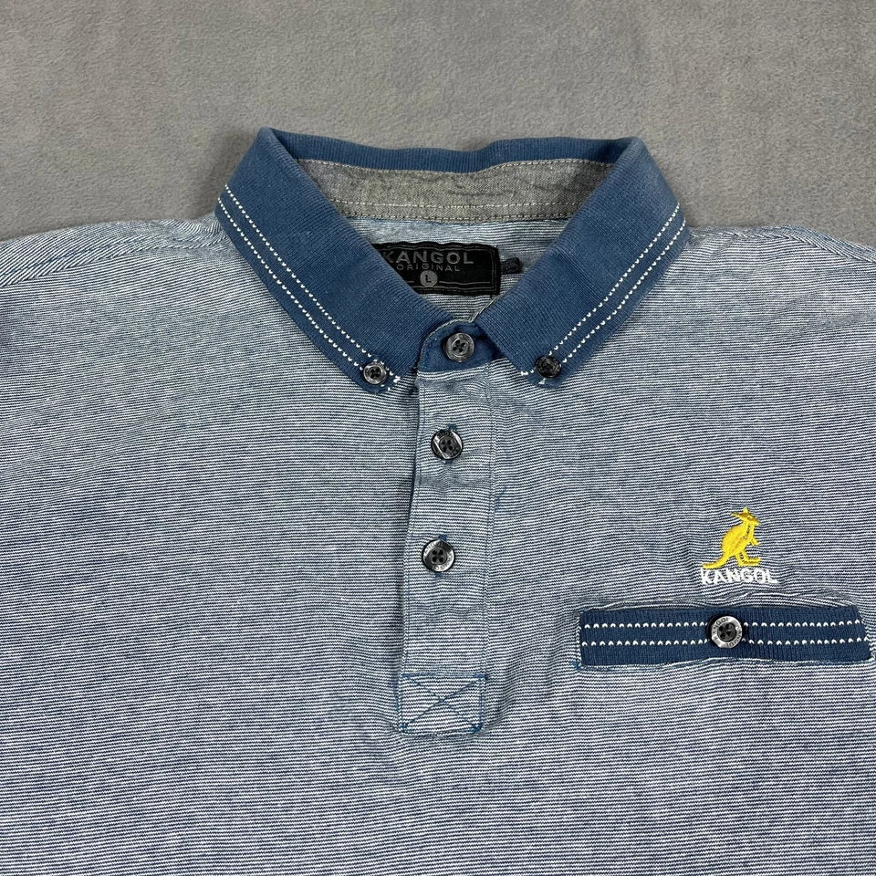 Camisa Polo Kangol Para Hombres Grande Azul Abotonada Informal Cuello en Contraste Bolsillo Algodón Foto 2 de 4