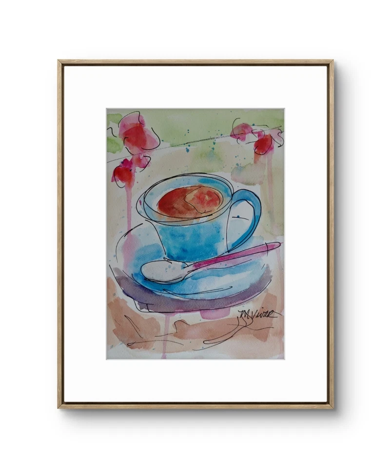 Pintura de arte impressionismo cozinha xícara de chá original MONA VIVAR 12x9 - Imagem 2 de 4