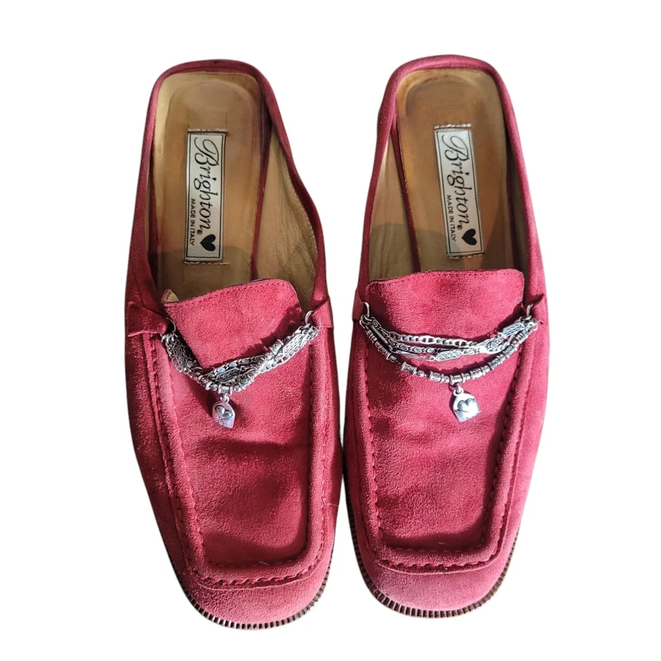 Brighton Gamuza Cuero Sin Cordones Para Mujer 7.5 Rojo Plata Dije Hecho en Italia Foto 4 de 4