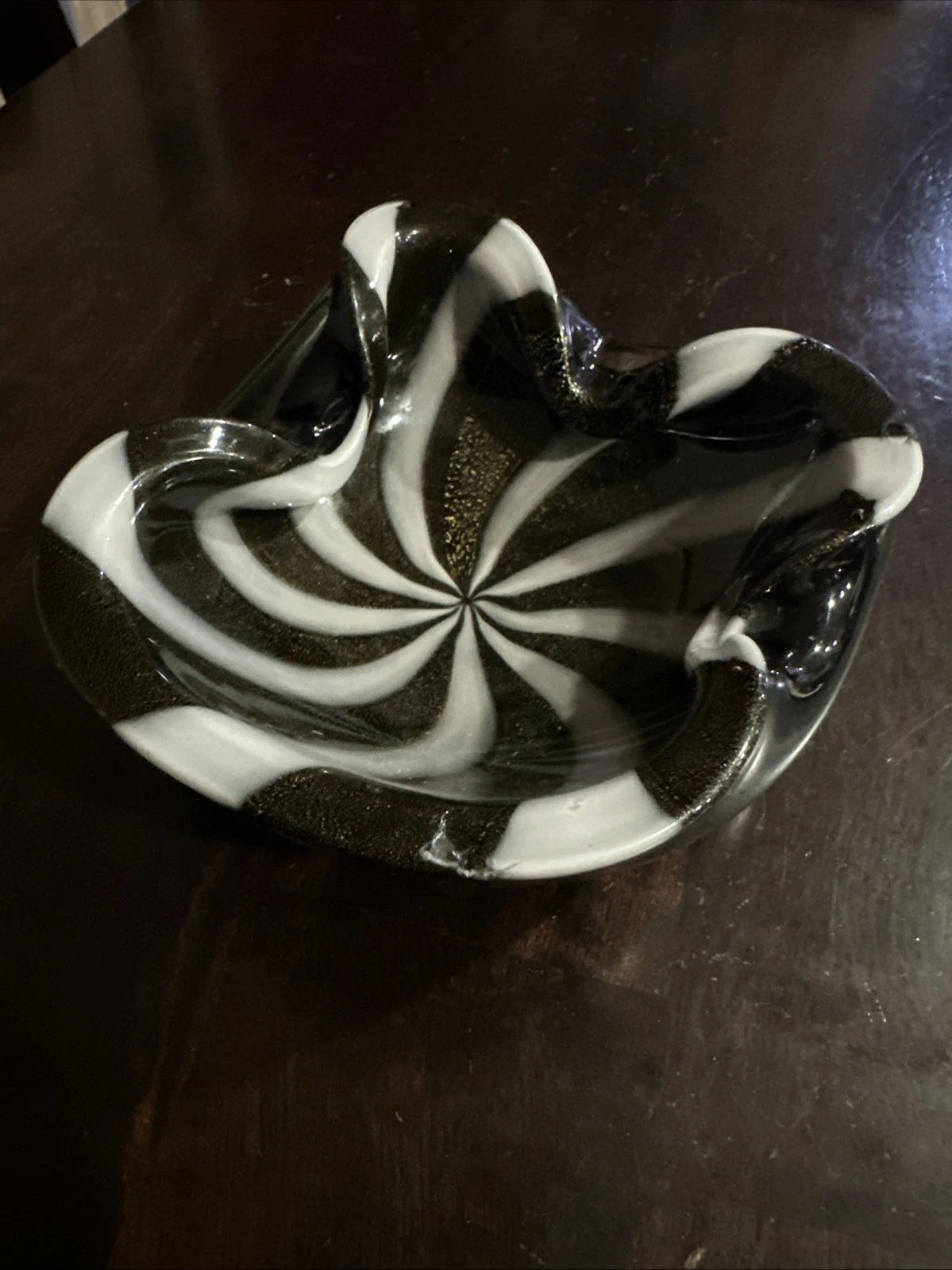 Vtg Alfredo Barbini Italian Murano Cased Glass Gold Black Circus Tent Bowl READ