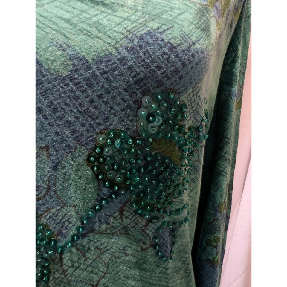 Coldwater Creek Sequin Top Size Small Green Blue Floral Print Boho Bloomcore - Image 3 of 4
