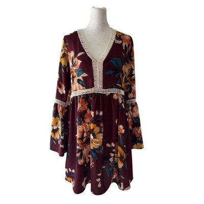 Rue 21 Burgundy Floral Print Cutout Trim Bell Sleeve Babydoll Knee Length Dress