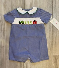 New Petit Ami Blue Gingham Hand Smocked Farm Short Sleeve Romper boys 6M
