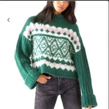 Free People Alpine Pullover Fair Isle Mock Neck Cropped Sweater Green Pink XS