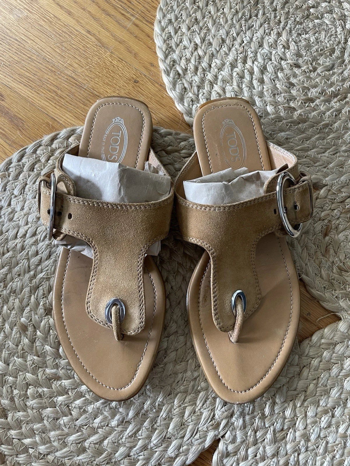 TOD’S sandali tod's t strap fibbia argento marrone britannico 37EU