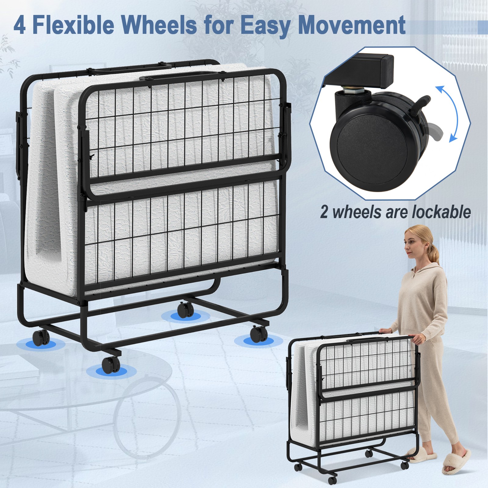 Folding Bed with Memory Foam Mattress Fold up Portable Rollaway Bed Metal Frame