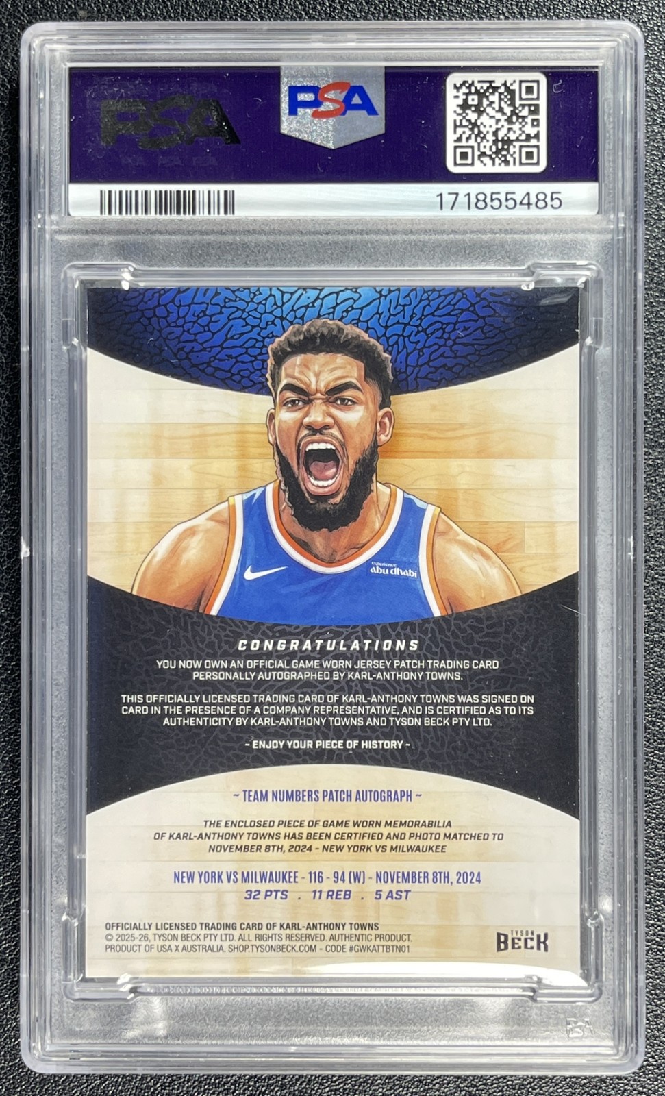 KARL-ANTHONY TOWNS PSA 8 2025 TYSON BECK TEAM NUMBERS GAME-DATED PATCH AUTO 6/10 view 2