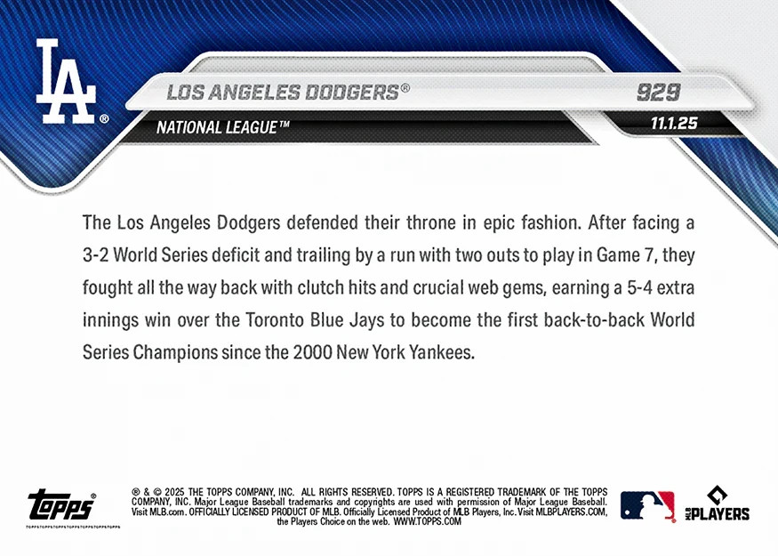 Los Angeles Dodgers World Series Champions 2025 MLB Topps NOW Card