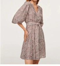 MANGO Flowy knotted dress short dress v-necK with puffed sleeves Size 4 2724