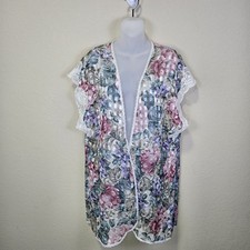Lucie Ann Lingerie Robe M Sheer Floral Lace Open Duster 80s Made in USA Boho VTG