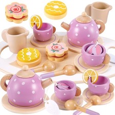 AOLEVA Kids Wooden Toy Tea Set for Toddlers Girls with Wooden Play Food Child...