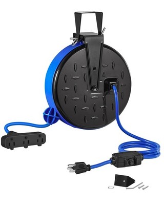 30 Ft Retractable Extension Cord Reel, 16/3 Gauge SJTW Power Cord with 3 Elec...