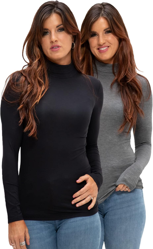 Womens 2 Pack Long Sleeve Mock Turtleneck Stretch Fitted Thermal Underlayer Shir