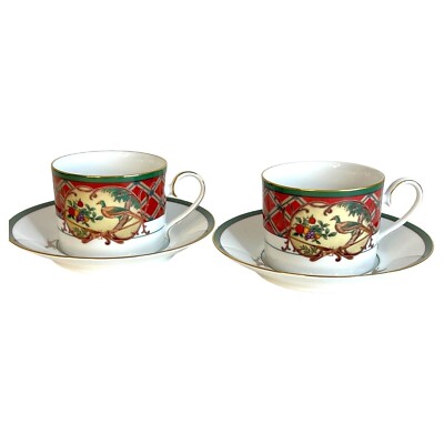 2 Noritake China Royal Hunt TeaCup & Saucer Sets Flat Coffee Cup Red Green Plaid