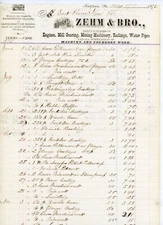 Zehm & Bro Engines Gearing Pipes Handwritten Bill head 1876 receipt Kutztown PA