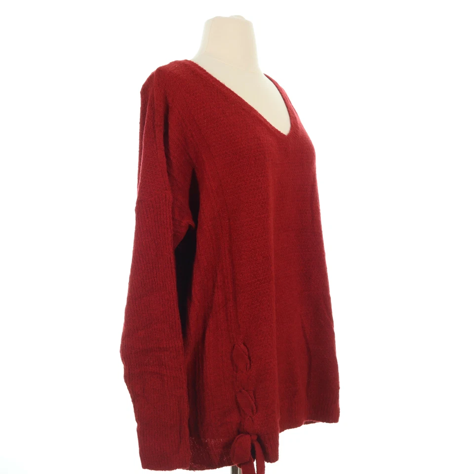Suéter túnica Umgee para mujer rojo de gran tamaño acanalado mezcla tejido cuello en V - talla pequeña Foto 4 de 4
