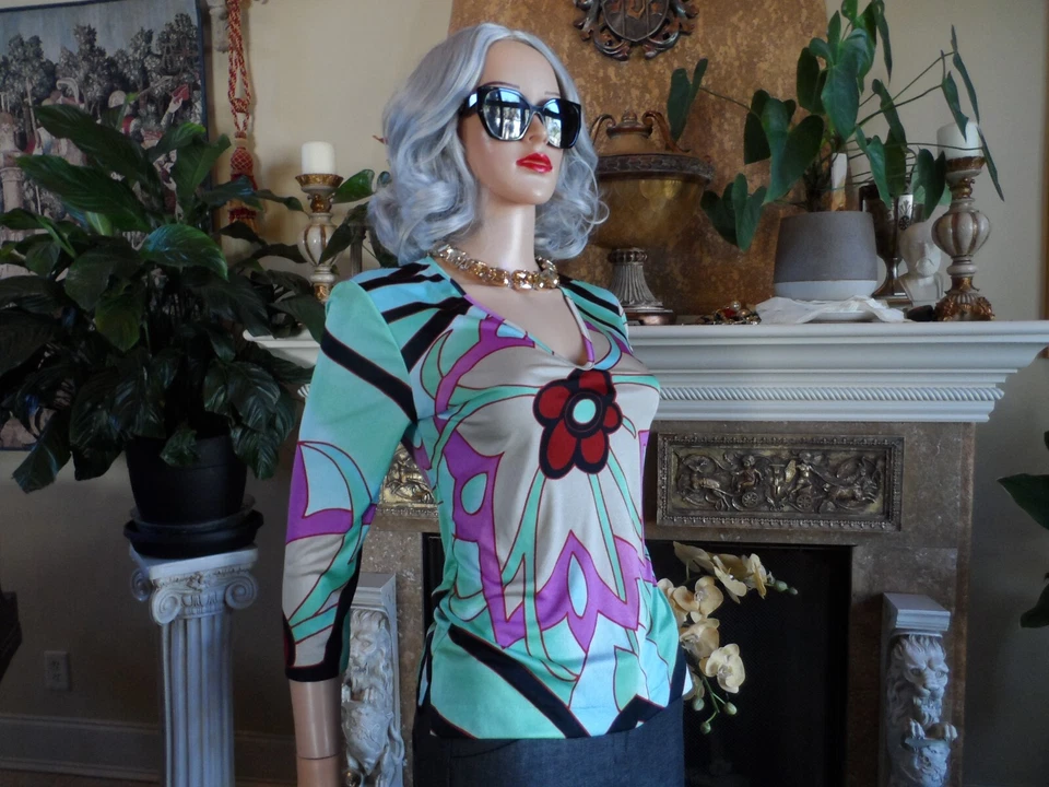 Blusa Etro Milano verde aguamarina estampado floral múltiple cuello en V talla IT 40 - US 4 Foto 4 de 4