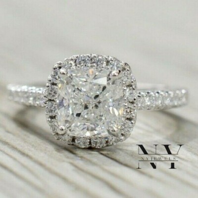 Solid 14K White Gold VVS1 Real Moissanite Halo Engagement Ring 3 CT Cushion Cut