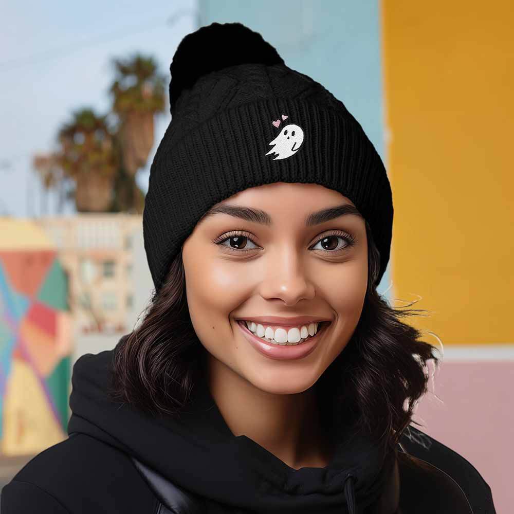 DALIX Heartly Ghost Beanie - Pink Embroidered Skull Cap, Acrylic, One Size Fits Most - View #5