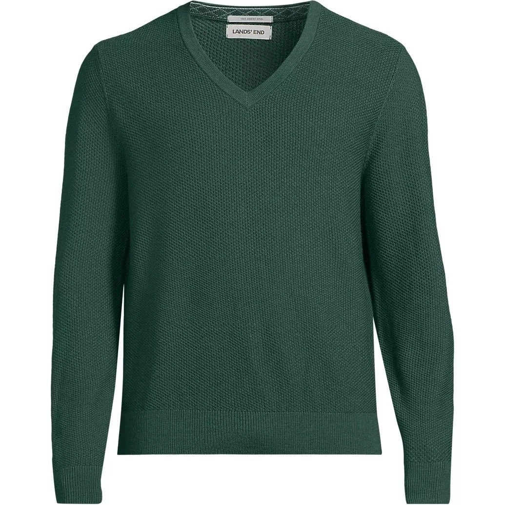 Lands End 100% Merino Wool V-Neck Long Sleeve Dark Evergeen Sweater