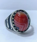 925 Sterling Silver Ring with Natural Banded Red Agate - Size 11 US - 9g