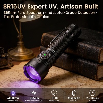 Sofirn SR15 UV Flashlight 365nm SST08 21700 USB-C IPX8 Magnetic Tail