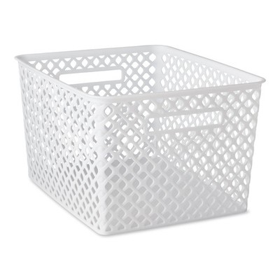 Large White Decorative Plastic Storage Basket, 14.7 in x 12 in x 8.5 in