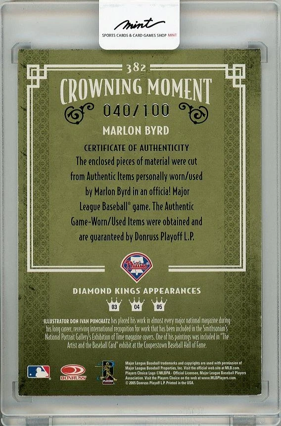 2005 Donruss Diamond Kings Marlon Byrd Game Worn Used /100 Card - Image 2 of 2