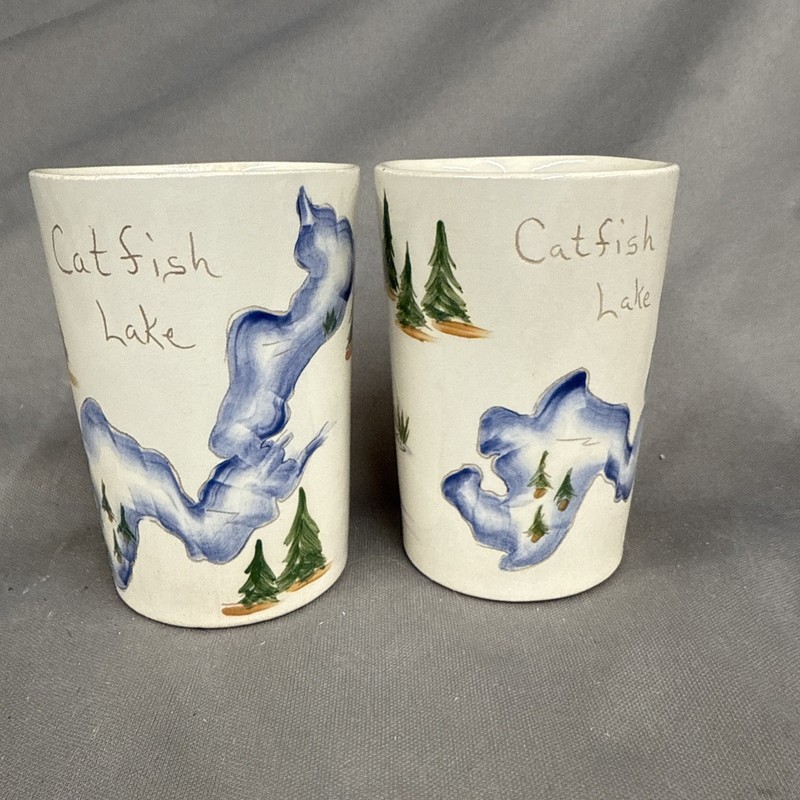 Pair of Ceramic Cups  Map of Catfish Lake Eagle River of Wisconsin