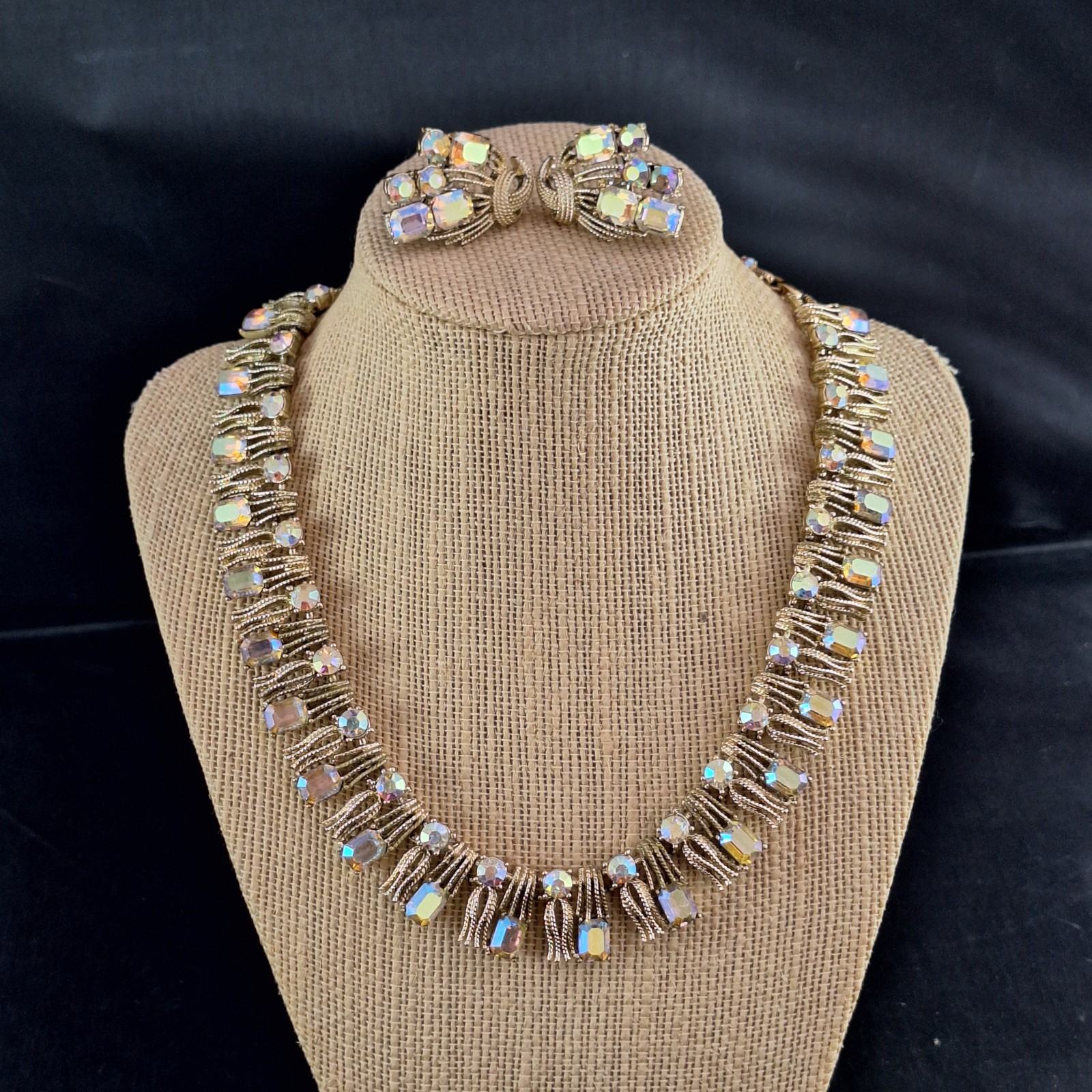 François Vintage Rhinestone Choker Necklace Set Gold Tone Clip Earrings AB