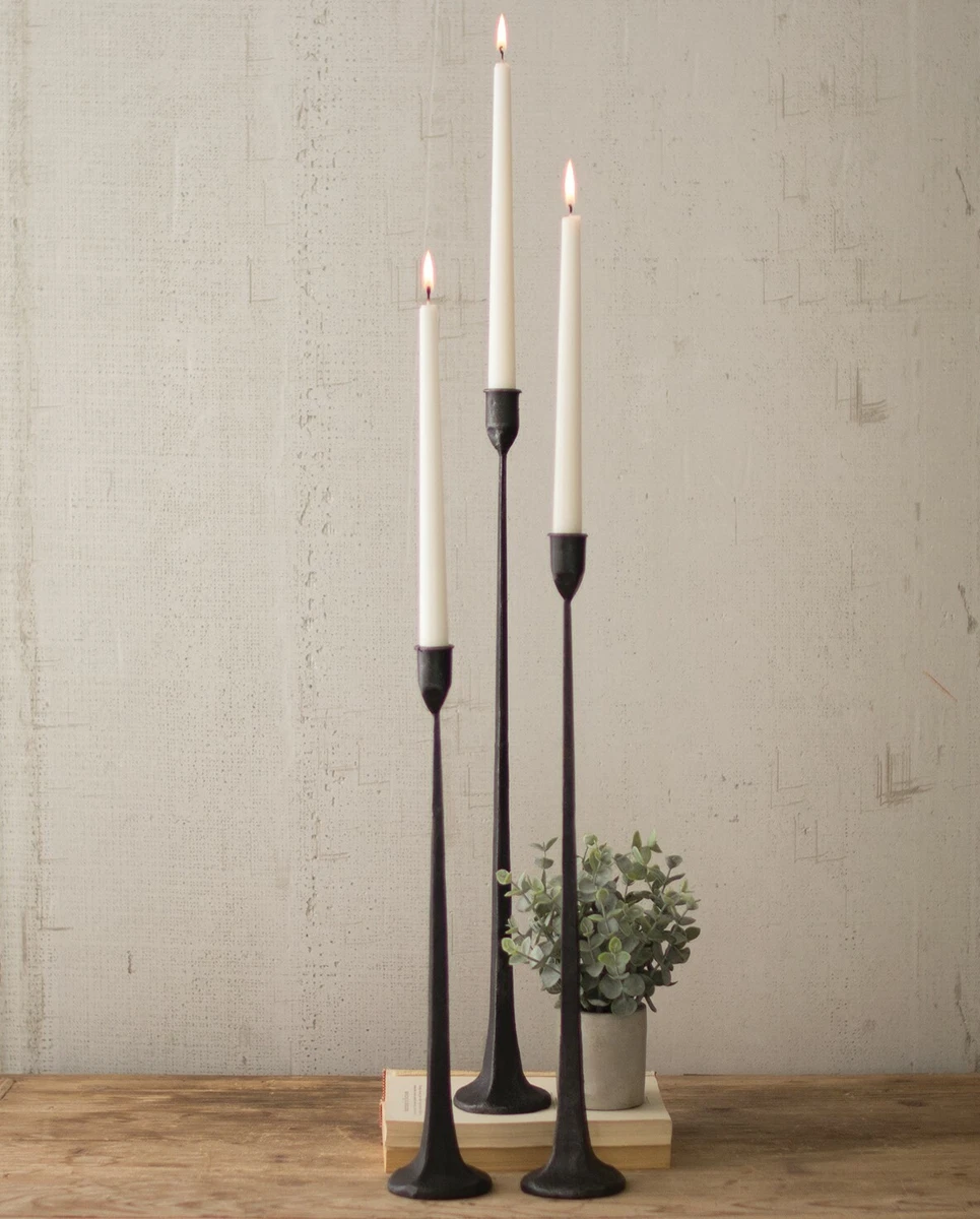 Tall Cast Iron Set Three Black Candlesticks Taper Candle Holder Elegant  Slim