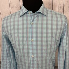 Bugatchi Uomo Men's Size 17.5" Blue Check Contrast Cuff Button-Front Dress Shirt