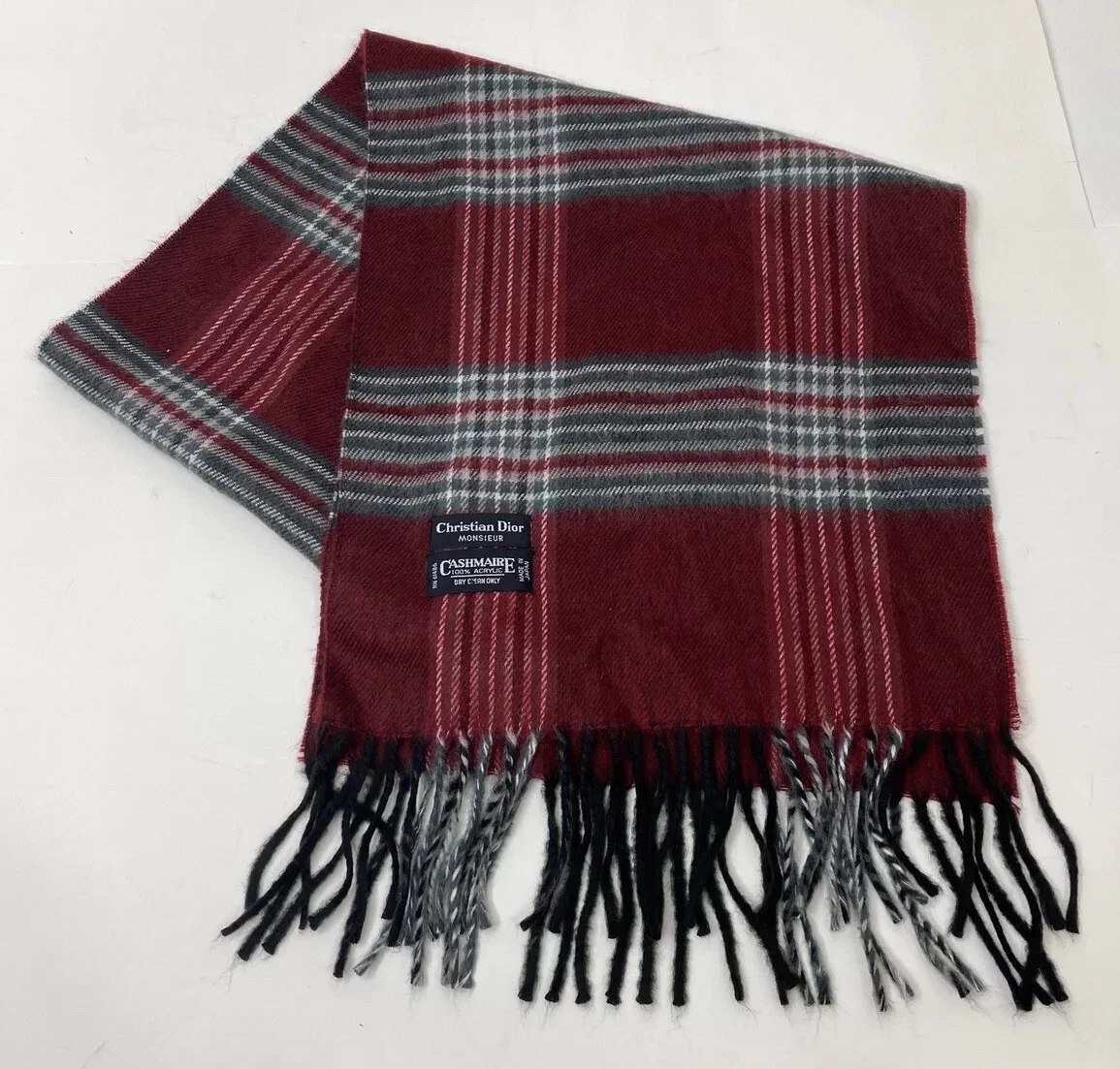 Foulard acrylique vintage Christian Dior Monsieur marron gris à carreaux cachemire 52