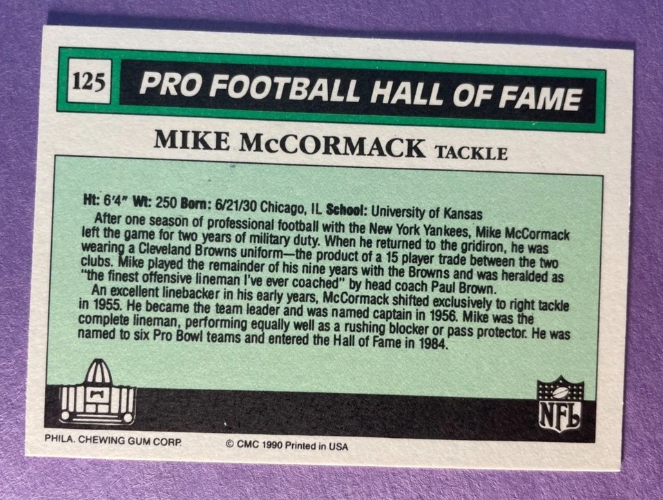 SIGNED MIKE McCORMACK 1990 SWELL FOOTBALL CARD AUTOGRAPHED - HOF - BROWNS - Image 2 of 2