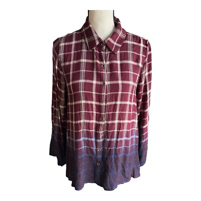 Andree by Unit Top Blouse Size Small Black  Red  Wine Plaid Snap Front Roll Tab