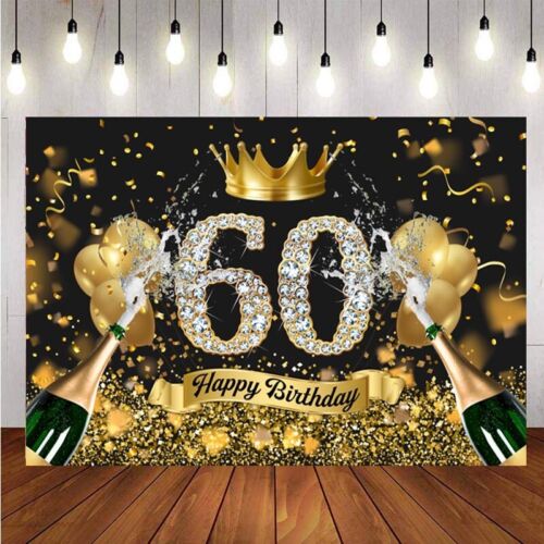 Black Gold 60th Backdrop Crown Men Women Birthday Party Photo Background Banner - Picture 1 of 21
