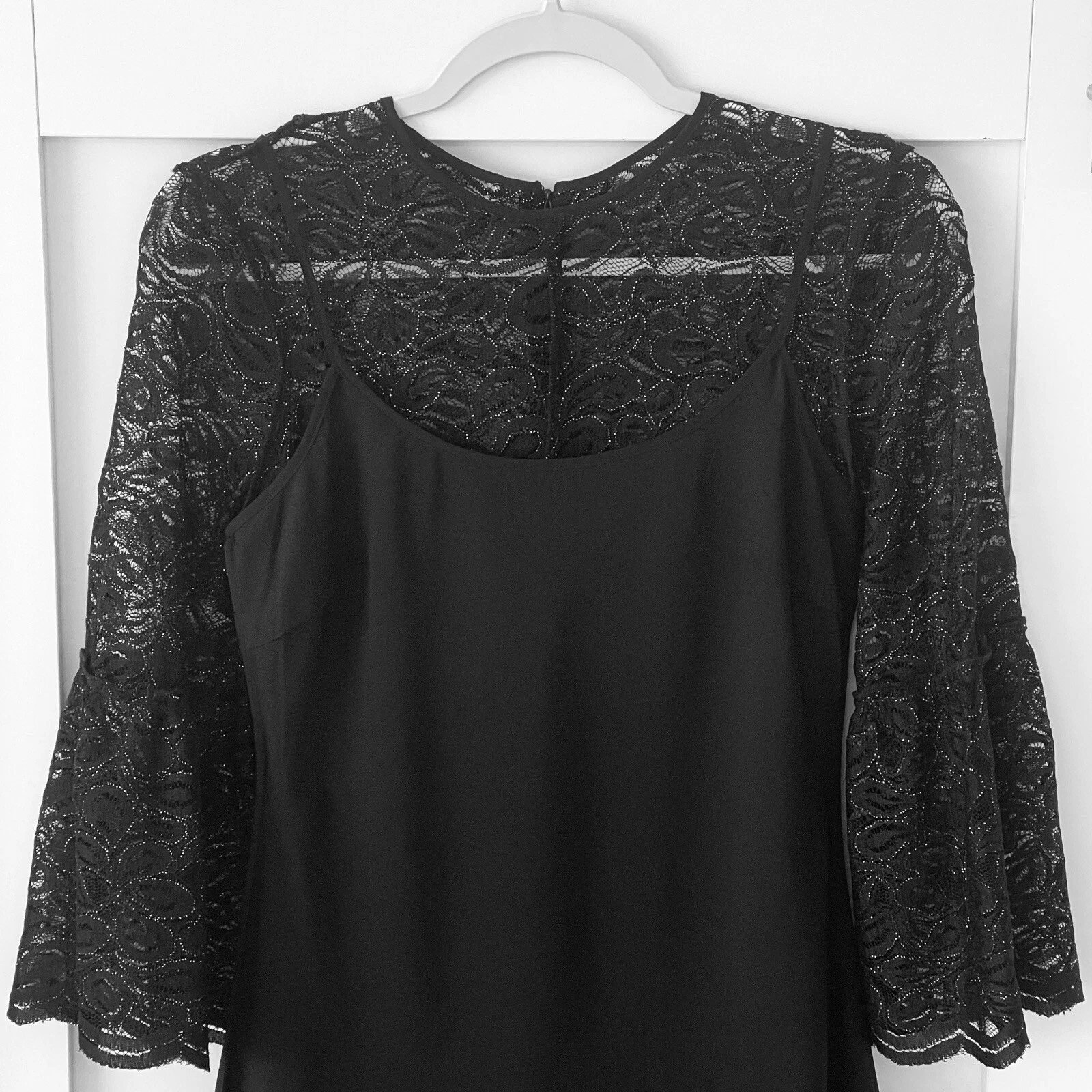 Abito donna Michael Kors pizzo taglia XS maniche a campana nero argento metallizzato nuovo