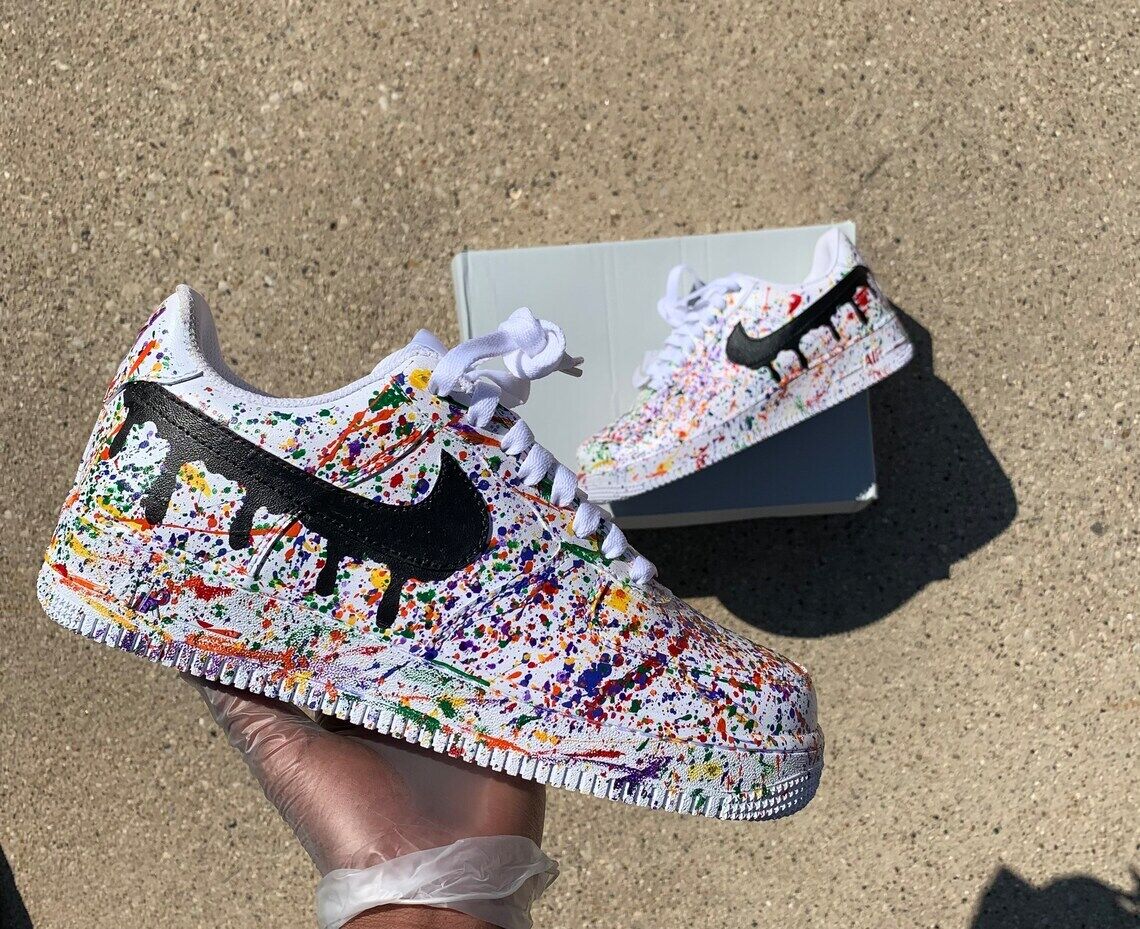 Nike Air Force 1 Custom Multi Color Splatter 🎨 Black Drip Swoosh ⚫ White  Shoes