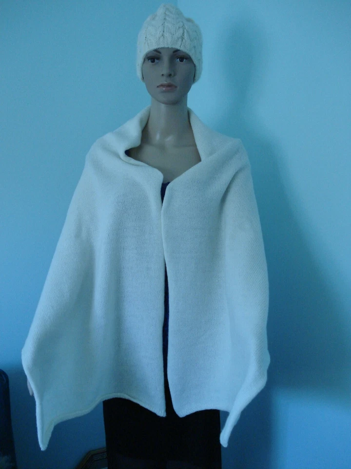 奶油白色手工电缆针织100%美利奴羊毛羊驼围巾/帽子套装女式75"x20" — 第 2/4 张图片